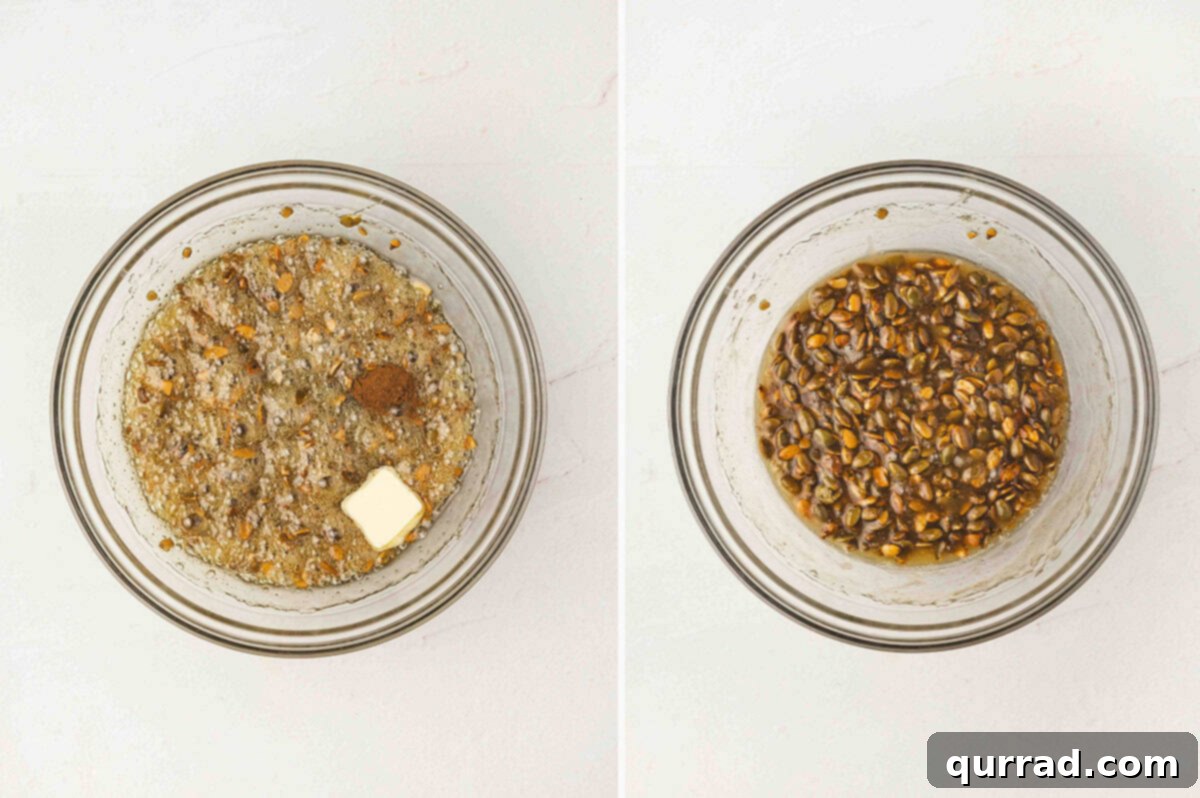 Hot syrup mixture with butter, pumpkin pie spice, and vanilla added, then fully combined into a rich golden mixture.