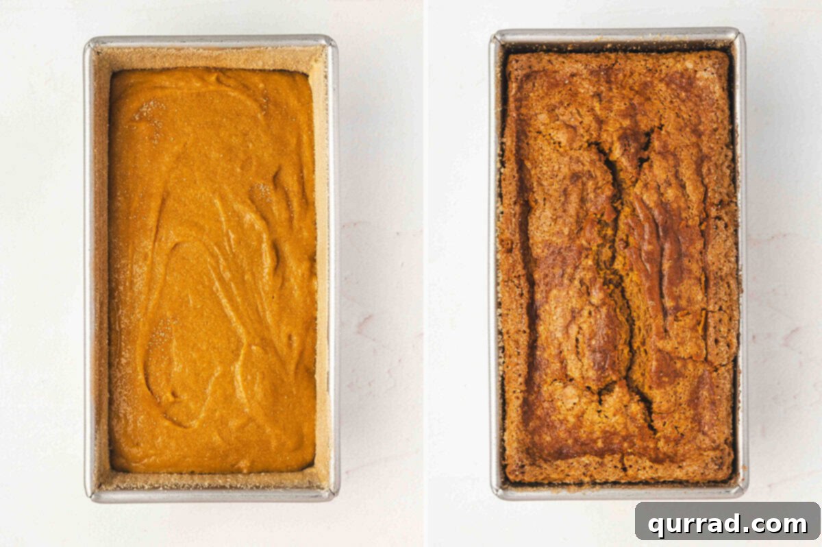 The smooth pumpkin bread batter poured evenly into the prepared loaf pan before baking, alongside the perfectly baked loaf, golden brown with a characteristic crack down the center.