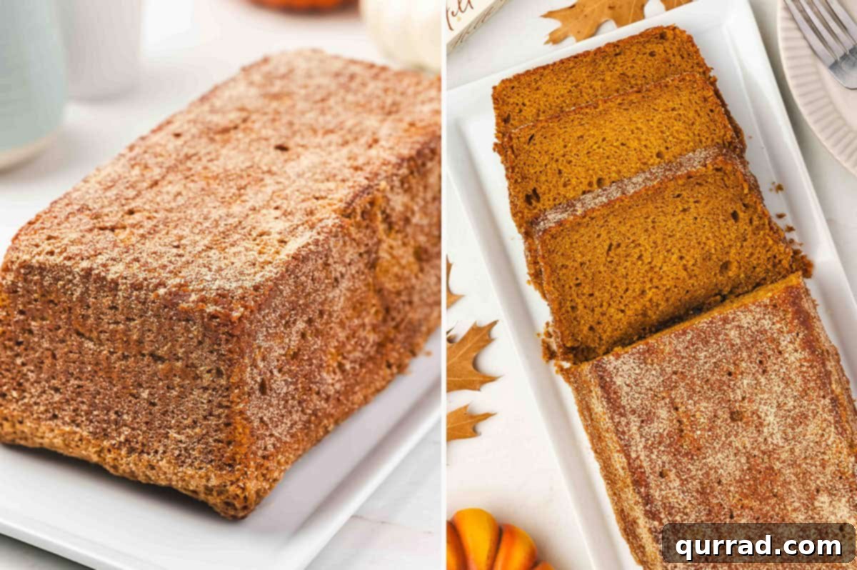 The freshly baked snickerdoodle pumpkin bread displayed on a white platter, shown both as a whole loaf and sliced, revealing its moist interior and crunchy cinnamon sugar coating.
