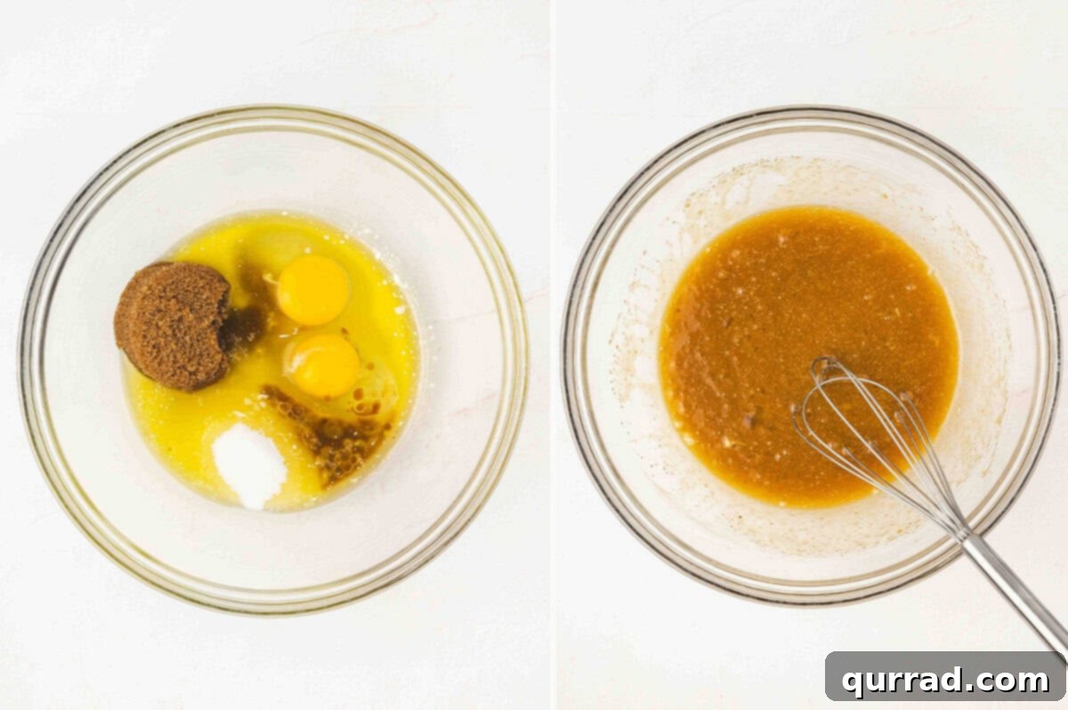 A bowl illustrating the process of mixing wet ingredients: granulated sugar, brown sugar, melted butter, eggs, and vanilla extract, before and after whisking.