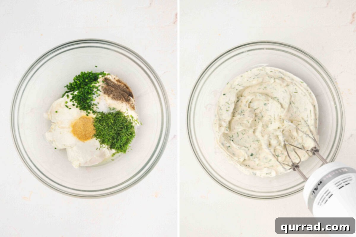 Christmas Tree Cucumber Bites 8 Cream cheese, mayonnaise, dill, chives, and seasoning in a bowl before and after mixing with a hand mixer