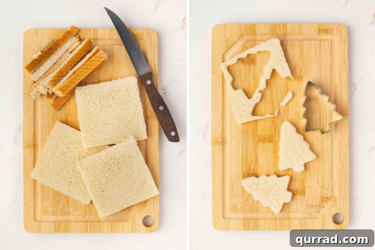 Christmas Tree Cucumber Bites 5 Slices of white sandwich bread with crusts removed on a cutting board next to tree-shaped cutouts of sandwich bread made using a Christmas tree cookie cutter