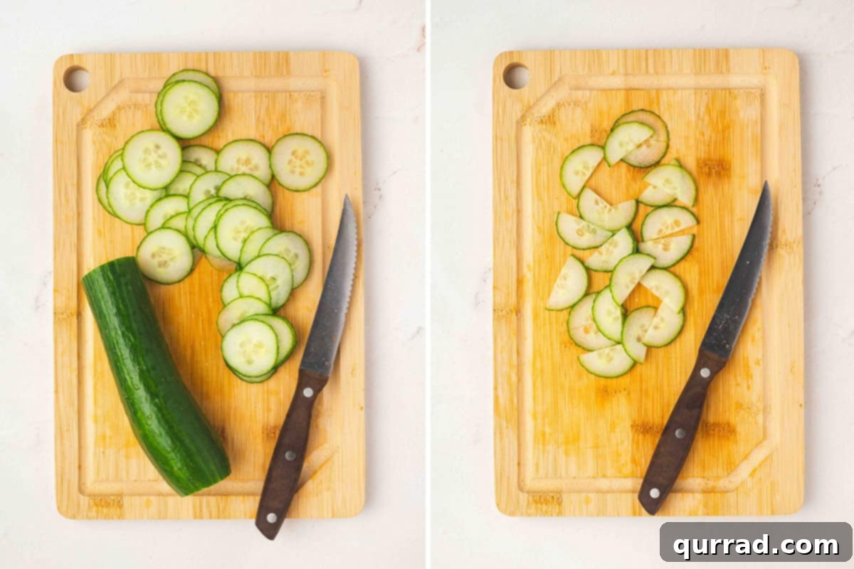 Christmas Tree Cucumber Bites 7 Cucumber sliced thin on a cutting board, then halved into small semi-circles for layering