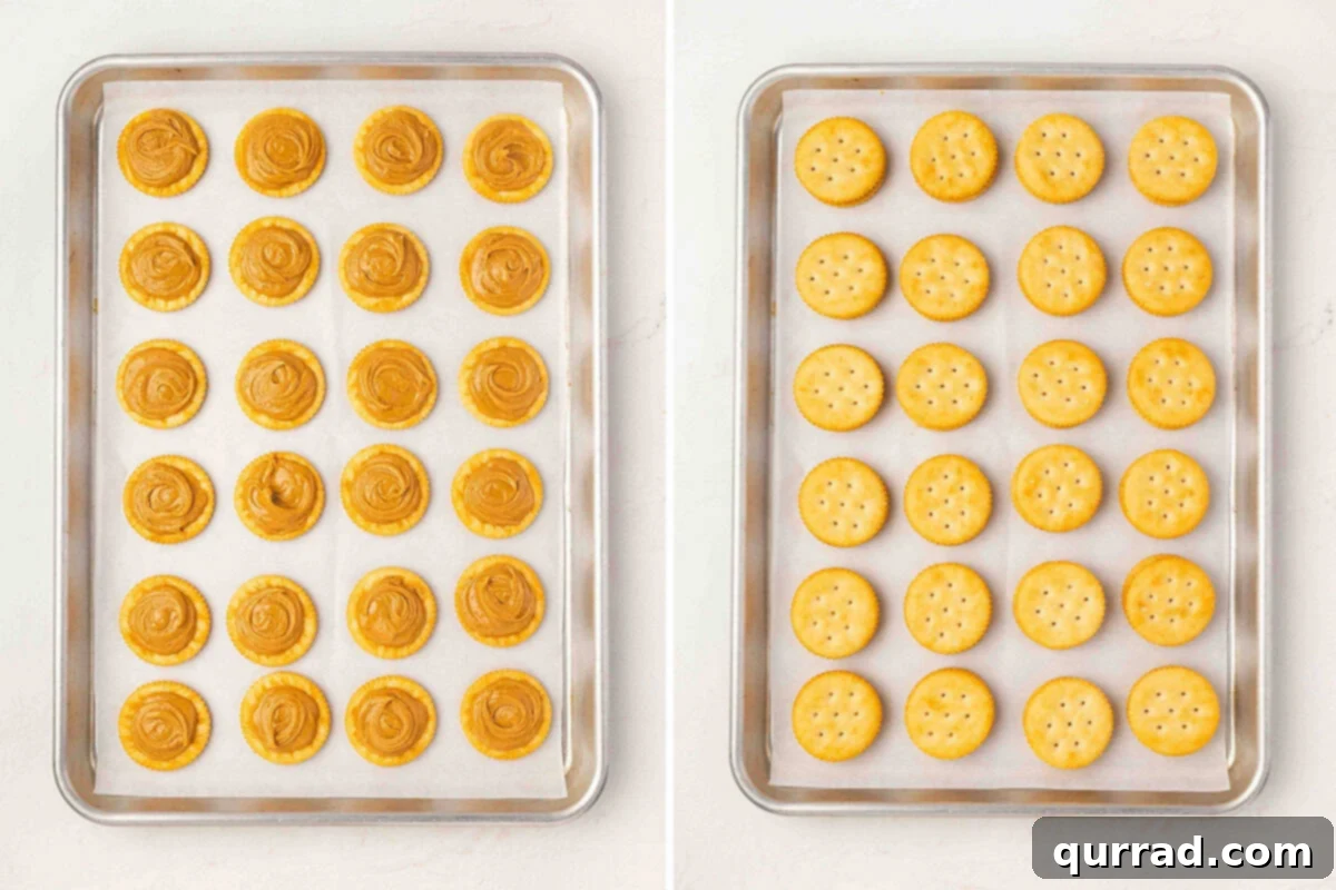 Ritz Cracker Holiday Charms 4 Tray of Ritz crackers spread with peanut butter next to a tray of plain Ritz crackers ready to be sandwiched together.