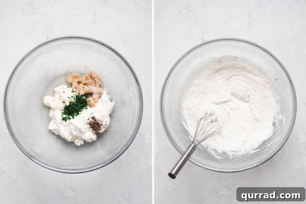 Horseradish Cream 4 Side-by-side images showing the ingredients for horseradish sauce in a mixing bowl and the whisked sauce blended smooth.