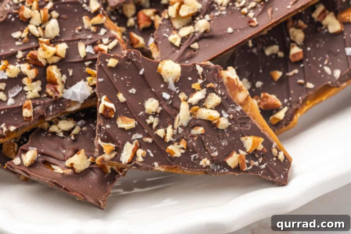 Enjoy your homemade toffee bark! Close-up of broken pieces of toffee bark