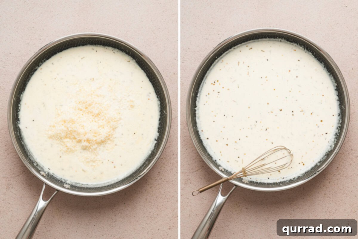 Freshly grated Parmesan added to Alfredo sauce and whisked until smooth, creamy, and silky.