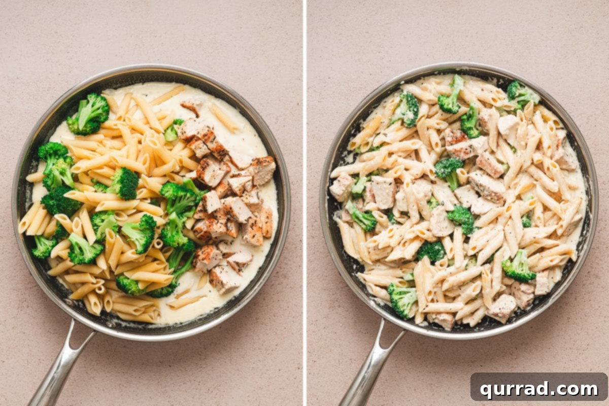 Cooked pasta, broccoli, and chicken added to creamy Alfredo sauce and tossed together until evenly coated.