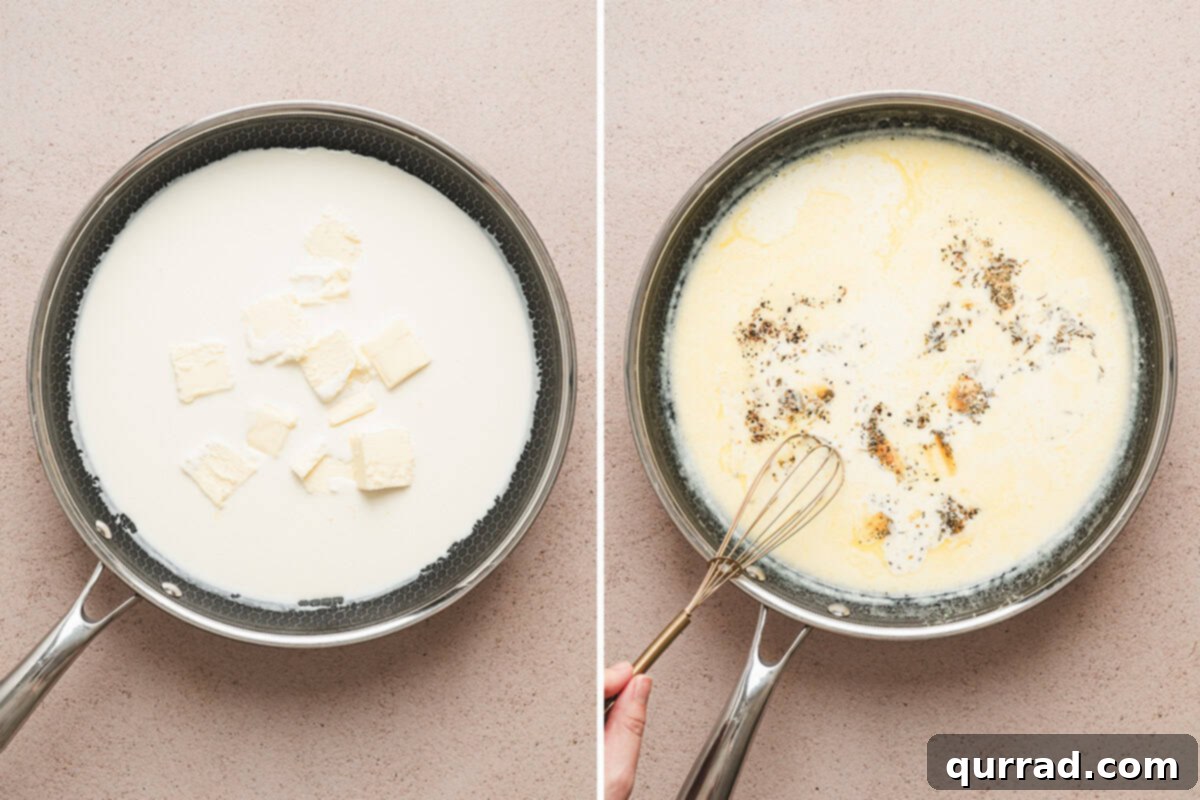 Butter melting into heavy cream in a skillet and Alfredo sauce being whisked with garlic, Italian seasoning, salt, and pepper.