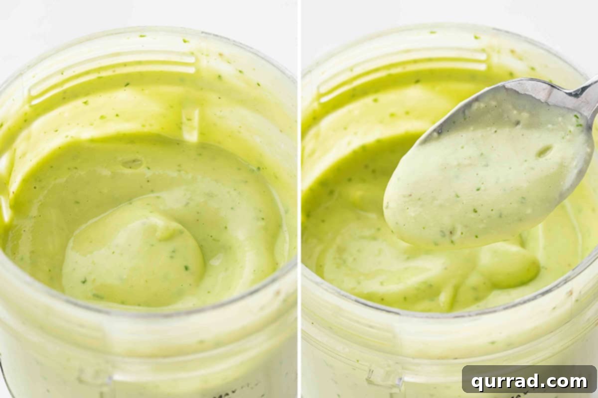 Zesty Avocado Lime Dressing 5 Blended Creamy Avocado Lime Sauce on a spoon