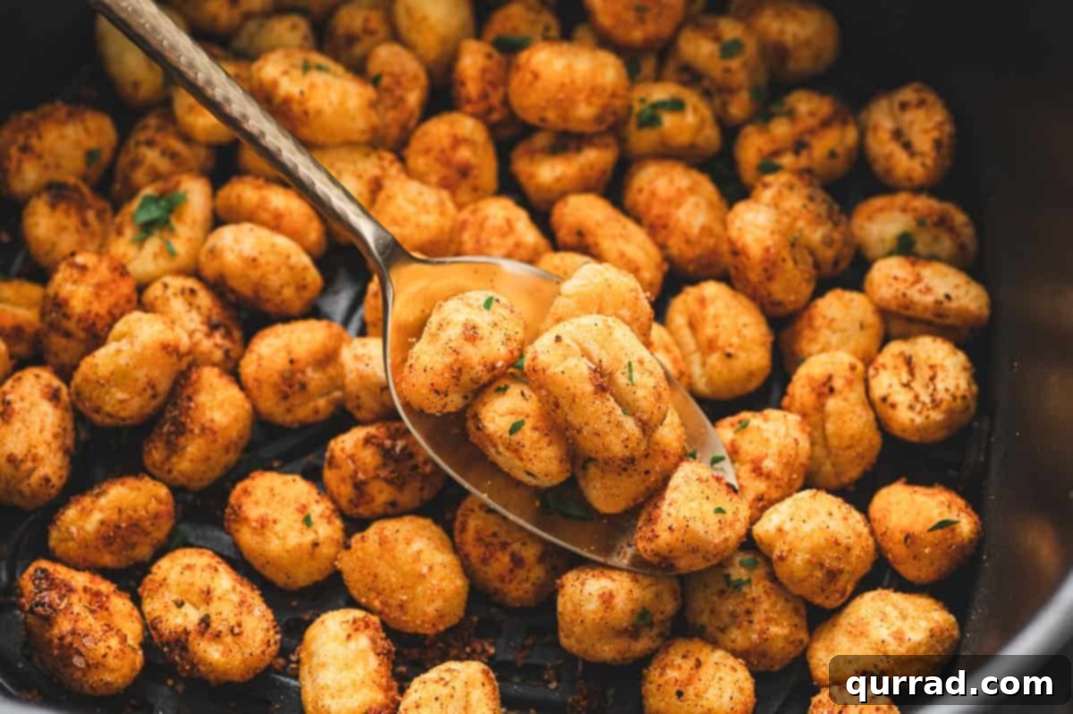 Air Fryer Gnocchi
Air-Fried Gnocchi Bites 9 Close-up spoonful of crispy, golden gnocchi inside the air fryer basket