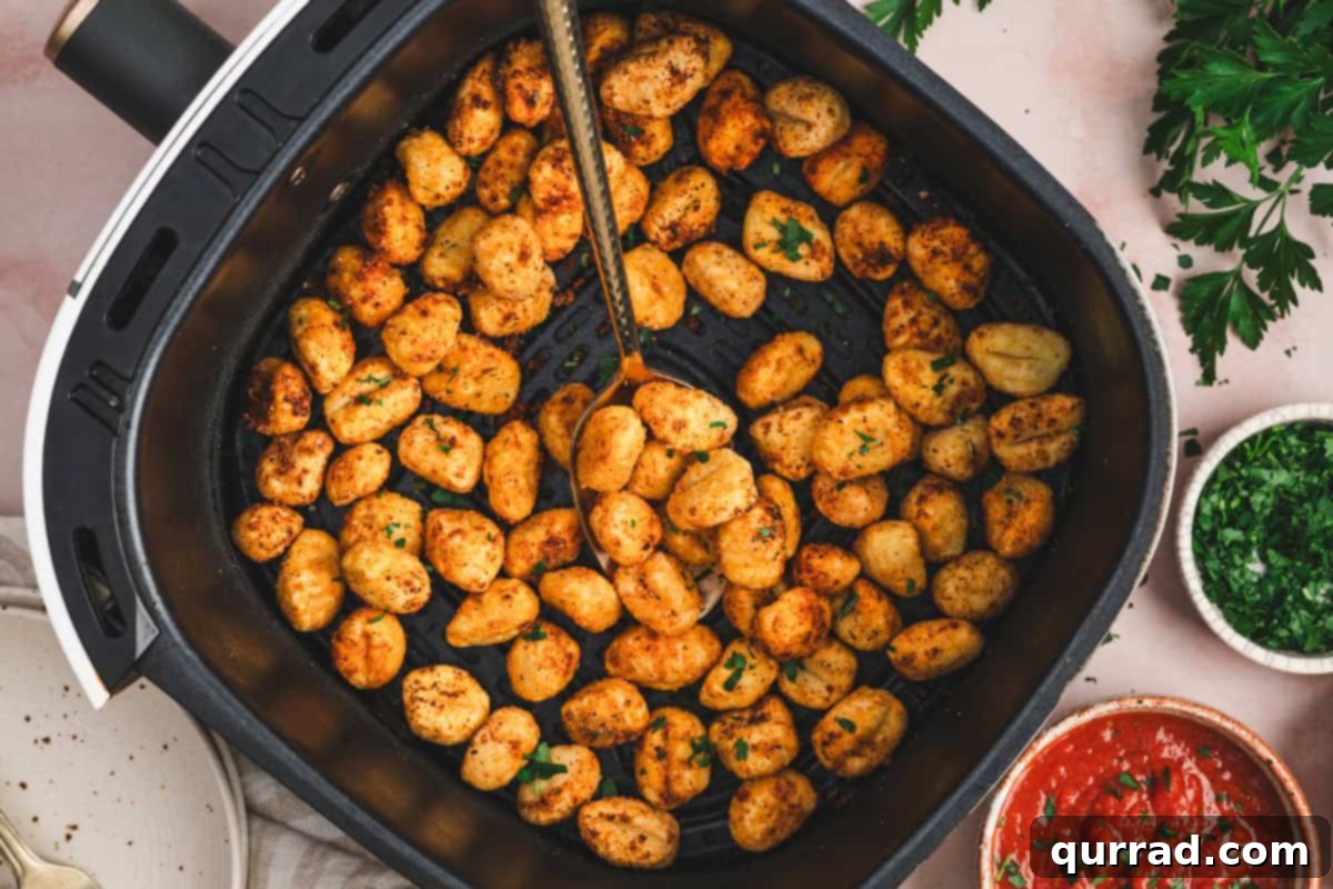 Air Fryer Gnocchi
Air-Fried Gnocchi Bites 7 Crispy air-fried gnocchi in the air fryer basket with a spoon scooping some out