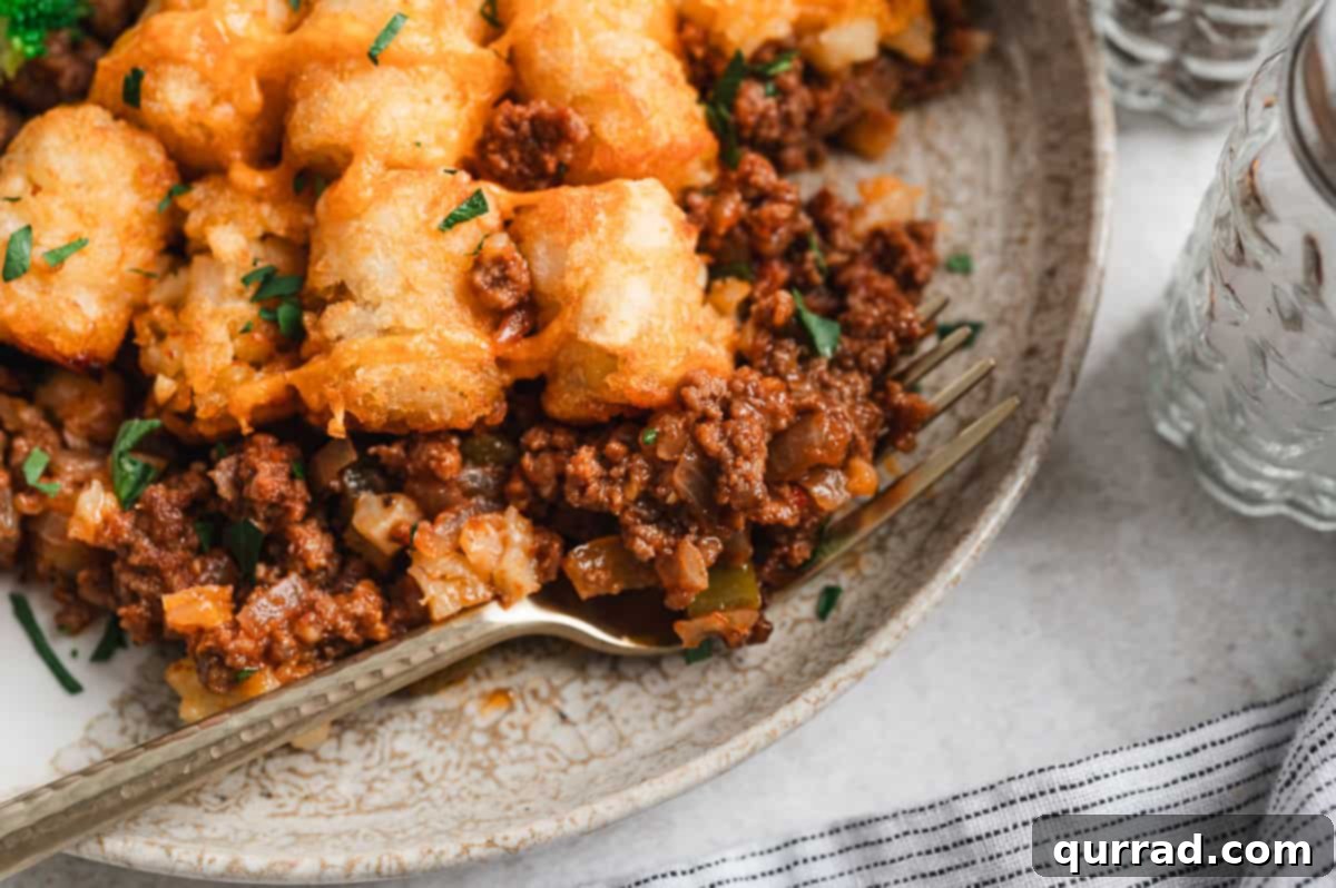 Plated serving of Sloppy Joe Tater Tot Casserole.