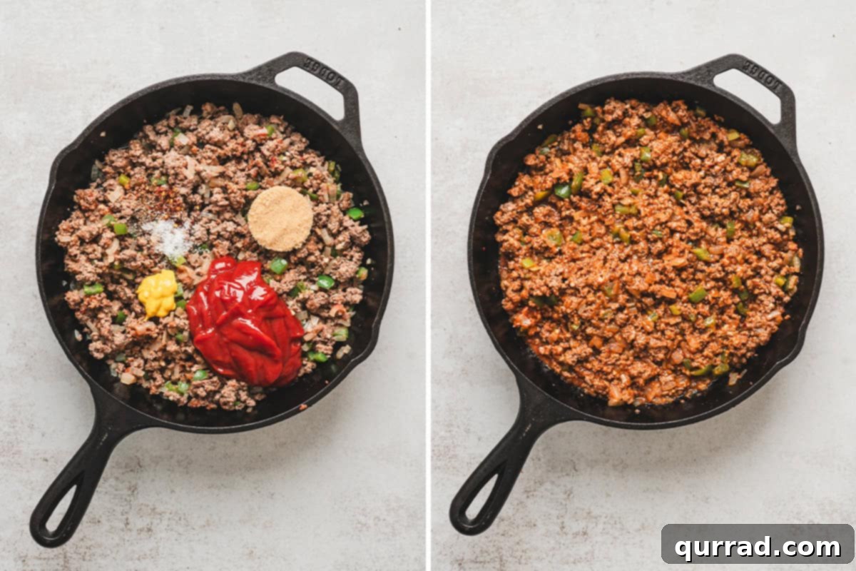 Sloppy joe sauce ingredients added to the skillet with ground beef.