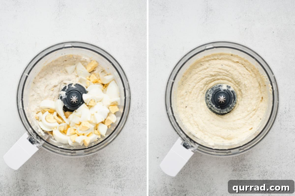 Deviled Egg Inspired Dip 6 Deviled egg dip being mixed with eggs in a food processor.