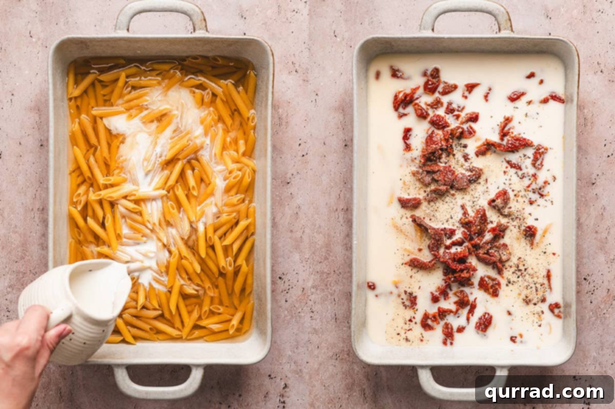 Oven-Baked Tuscan Chicken and Pasta 3 Adding Ingredients to Casserole Dish