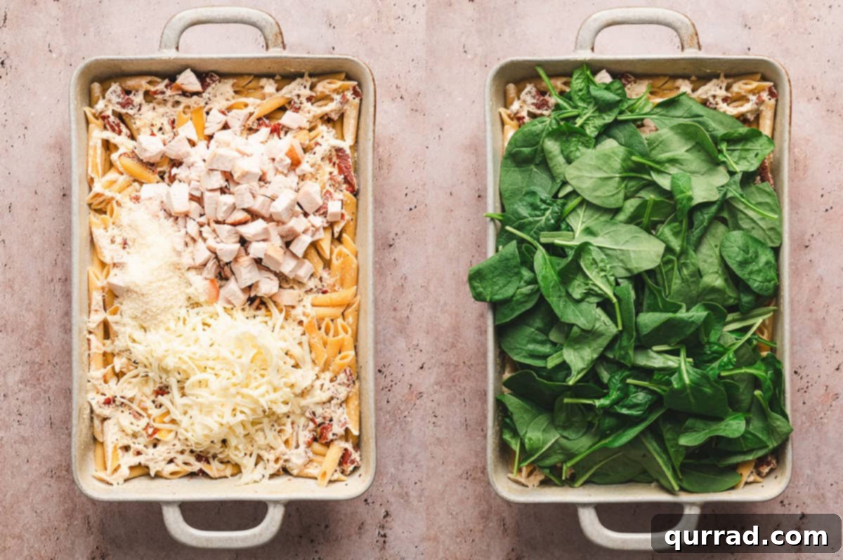 Oven-Baked Tuscan Chicken and Pasta 5 Adding Cheese, Spinach, and Chicken