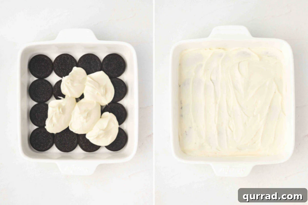 Arranging dipped Oreos in a dish and topping with mascarpone cream.