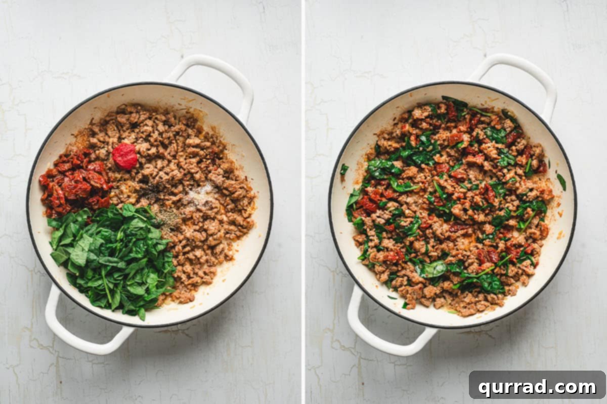 Tuscan Sausage and White Bean Skillet 5 Two images showing the skillet: left side with browned sausage, tomato paste, sun-dried tomatoes, spinach, and seasonings added; right side stirred together with greens and tomatoes mixed in.