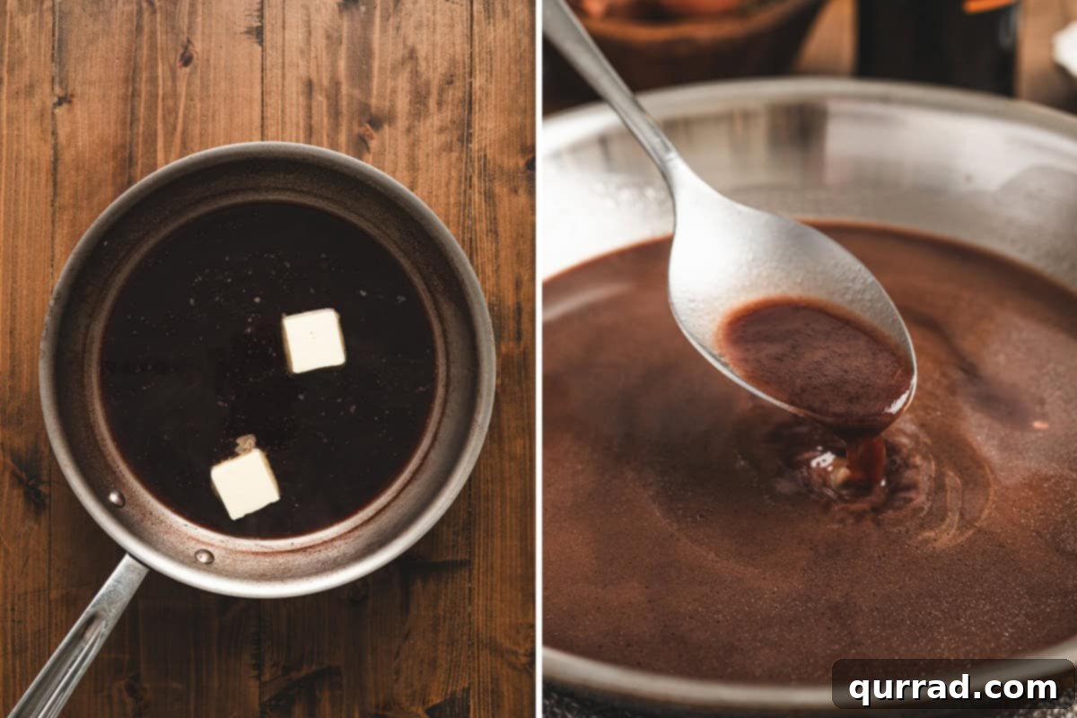 Velvety Red Wine Glaze 9 Two pats of butter melting into the strained red wine sauce, creating a smooth, glossy finish.