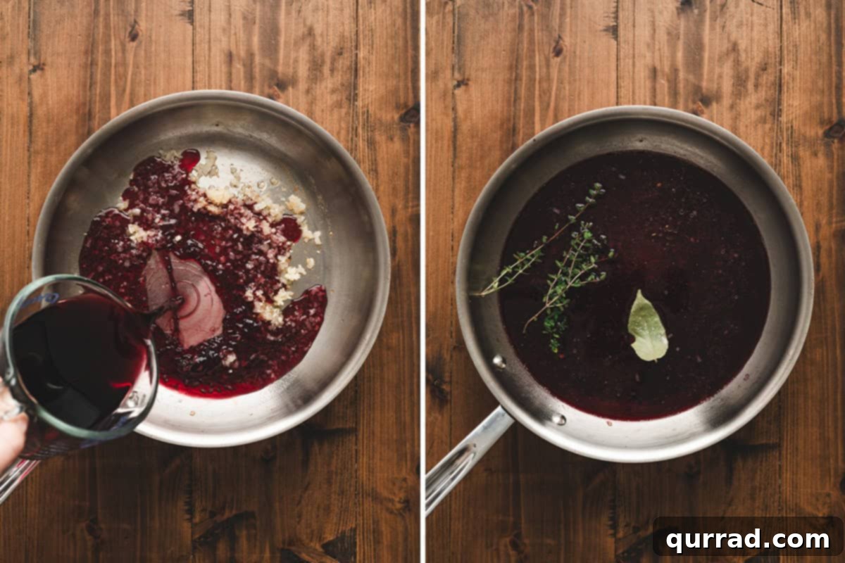 Velvety Red Wine Glaze 6 Dry red wine being poured into a pan with sautéed shallots, followed by thyme and a bay leaf added to the mixture.
