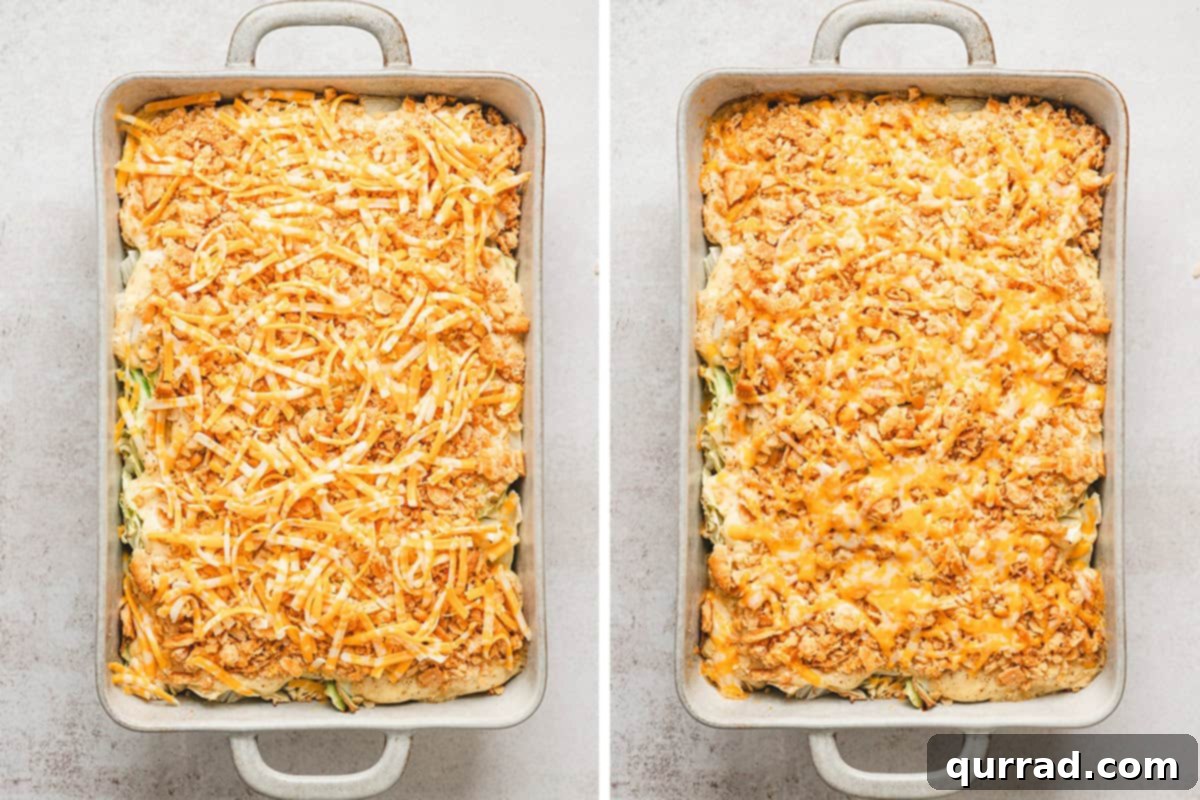 A side-by-side comparison of the homemade cabbage casserole before and after baking, showing the golden-brown topping and melted cheese.