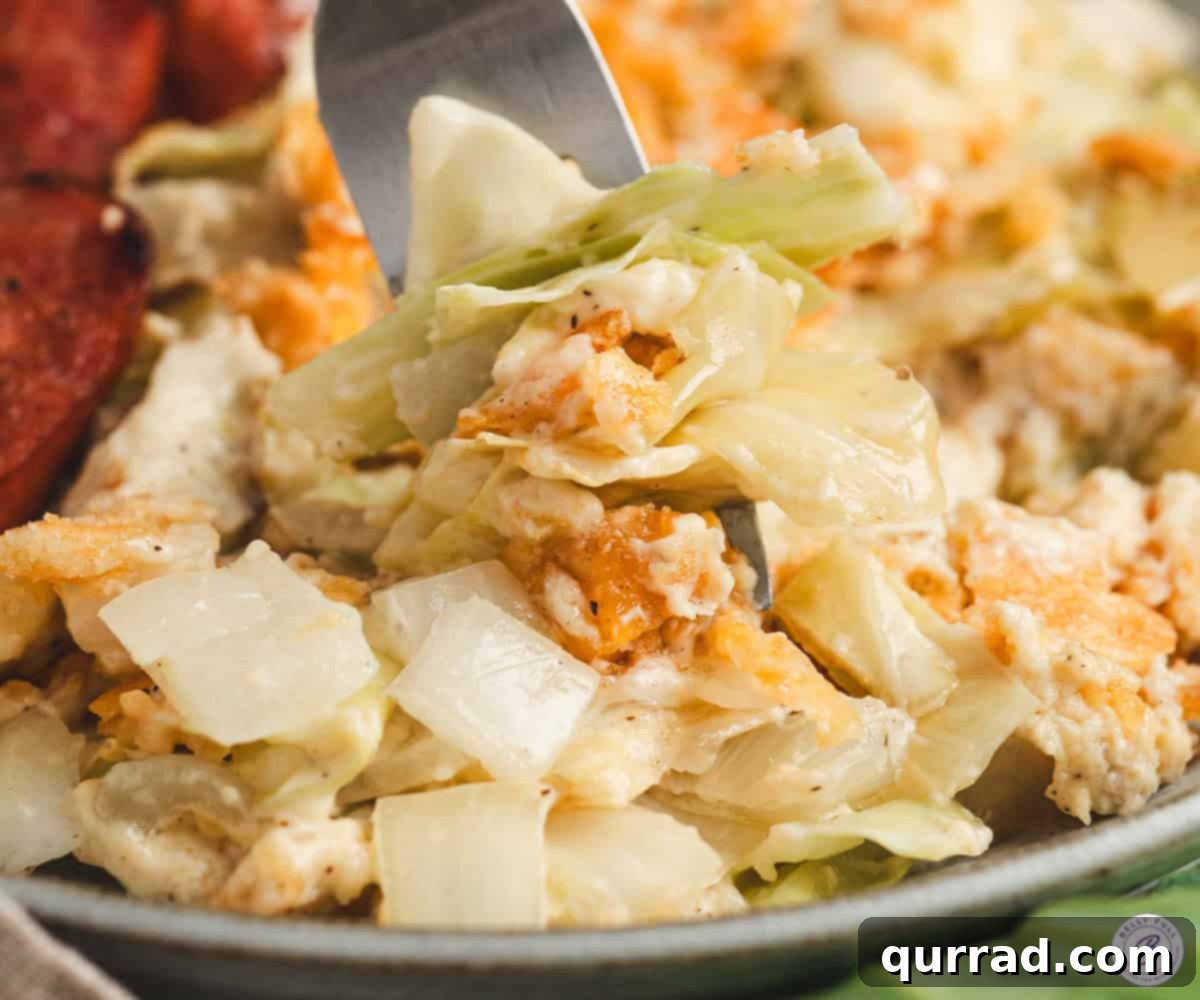 A fork taking a bite of creamy cabbage casserole from a plate, showing the tender cabbage, creamy sauce, and crunchy topping.