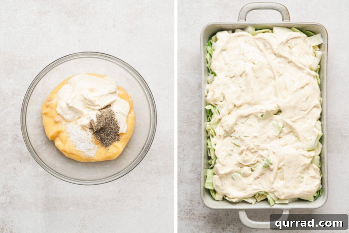 A photo collage showing cream of chicken soup, mayonnaise, salt, pepper, and garlic powder mixed in a bowl, then the creamy soup mixture being poured over the cabbage and onions in a casserole dish.