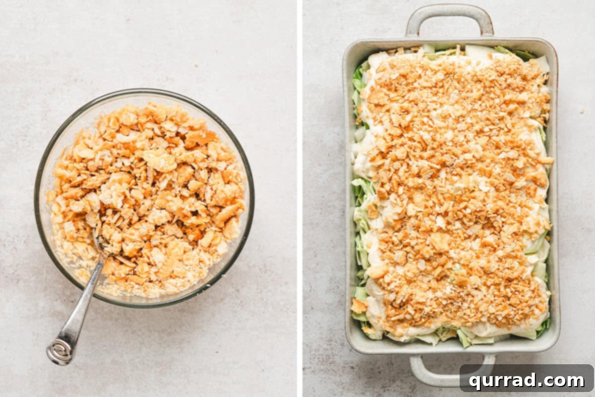 A photo collage showing crushed Ritz crackers mixed with melted butter in a bowl, followed by the cracker mixture being sprinkled over an unbaked cabbage casserole in a baking dish.