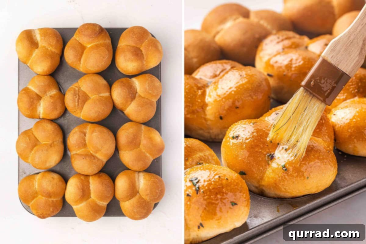 Golden Pull-Apart Buns 9 A muffin pan filled with freshly baked, golden-brown cloverleaf rolls, still warm from the oven, showing their perfectly puffed and glazed appearance.