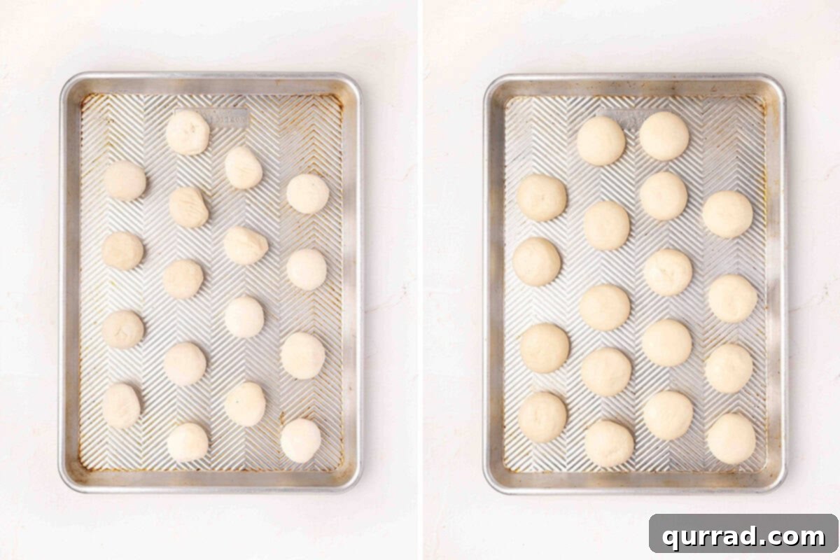 Golden Pull-Apart Buns 5 Frozen Rhodes dinner rolls placed with space on a baking tray, loosely covered with plastic wrap for thawing. A second image shows the rolls after they have fully thawed and softened, ready for shaping.