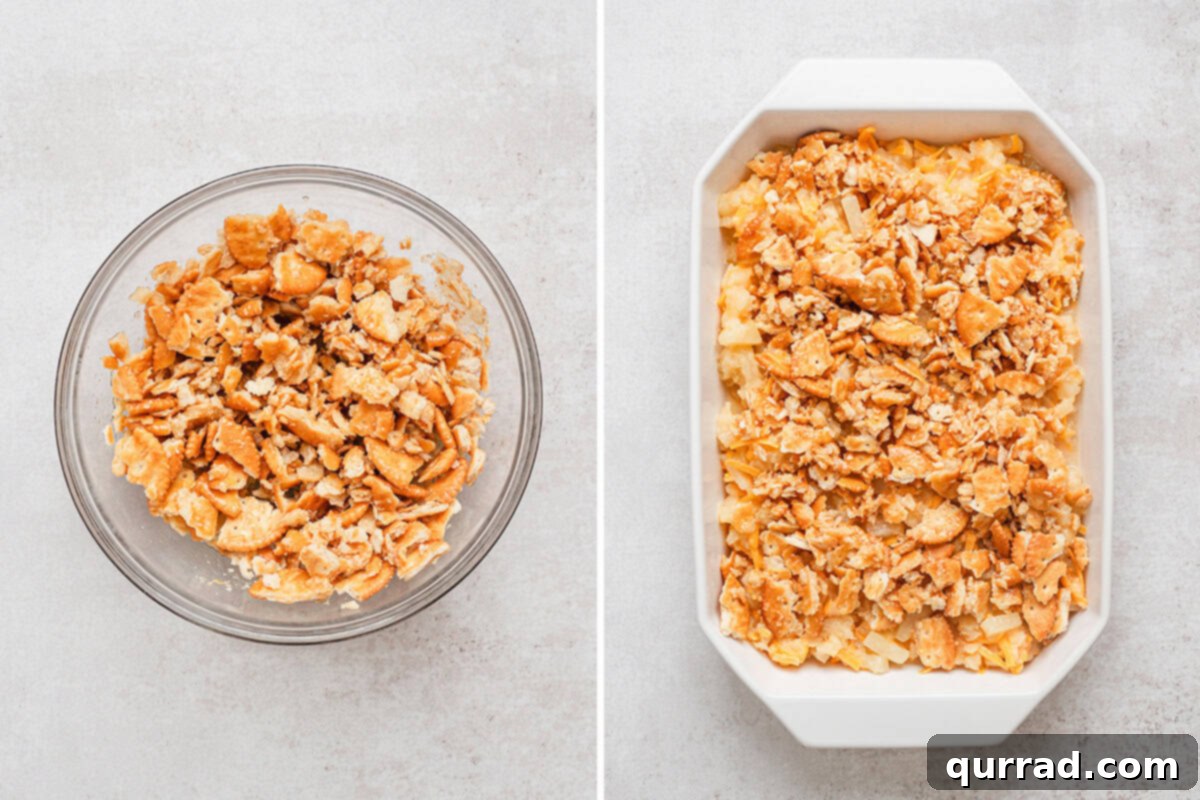 Crushed crackers in a bowl, followed by crushed crackers adds to a casserole dish of pineapple casserole.