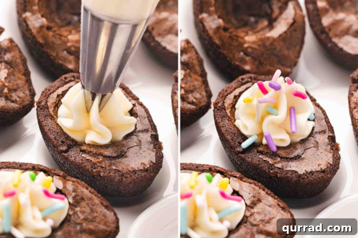 Sinful Chocolate Brownies 8 frosting being piped into an egg shaped brownie