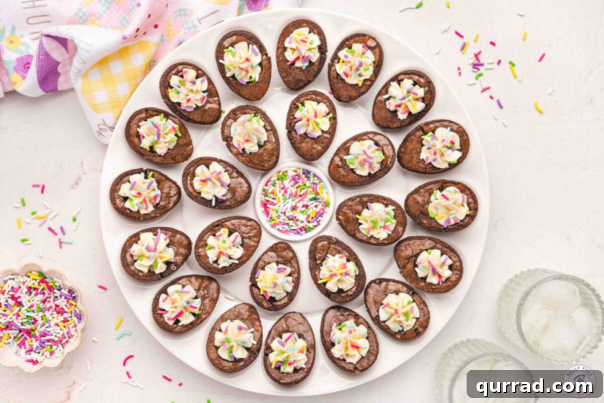 Sinful Chocolate Brownies 9 Deviled Brownies on a deviled egg tray that mimic classic savory deviled eggs with a brownie base and piped frosting