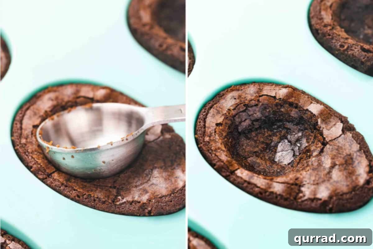 Sinful Chocolate Brownies 6 tablespoon measure pressing into baked egg shaped brownie