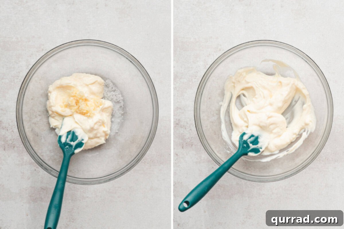 The Happiest Grilled Cheese on Earth 6 Mixed garlic added to a bowl of mayonnaise, followed by the garlic and mayo being combined with a spatula.