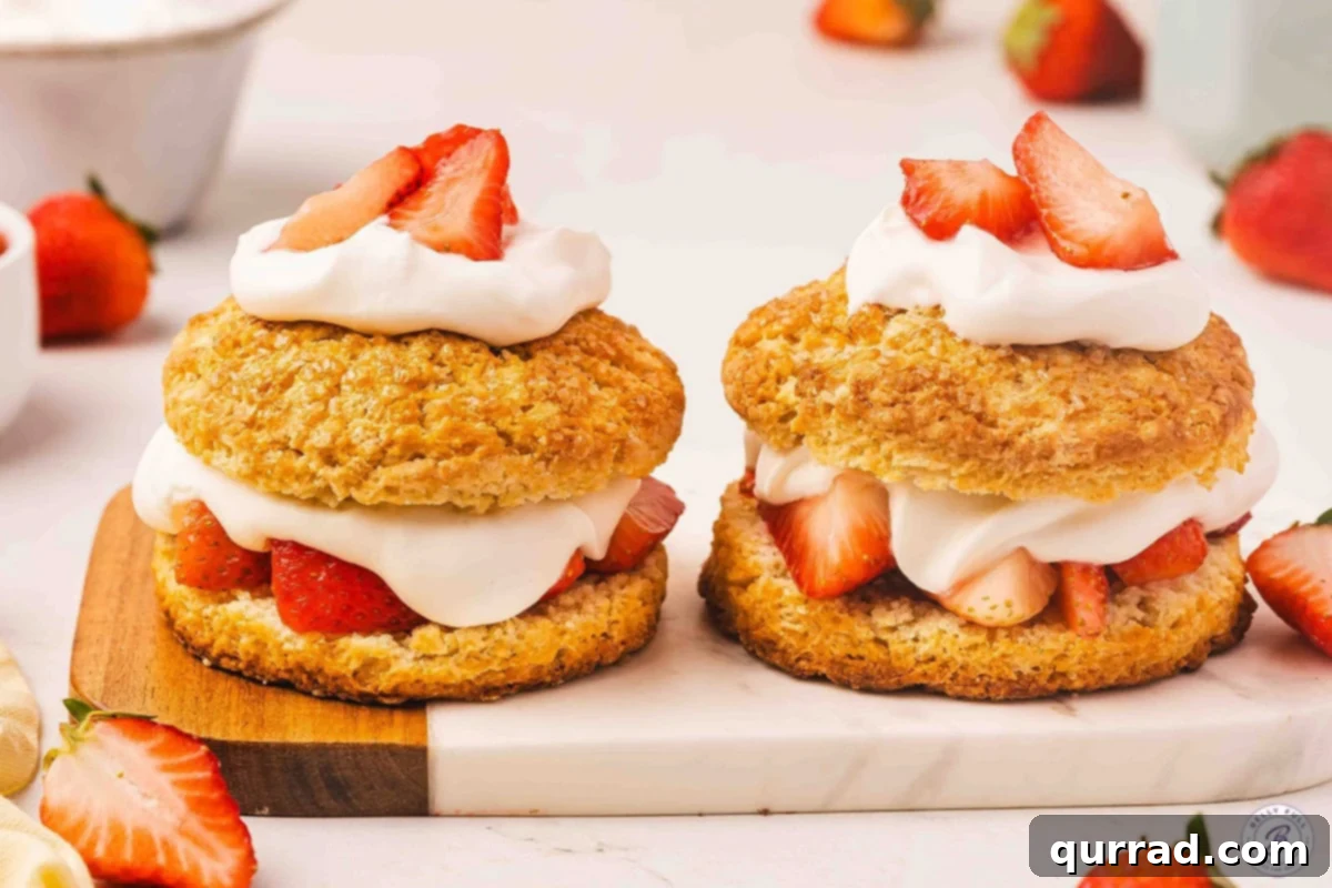 Sweet Berry Delights 12 Side view of two homemade strawberry shortcakes.
