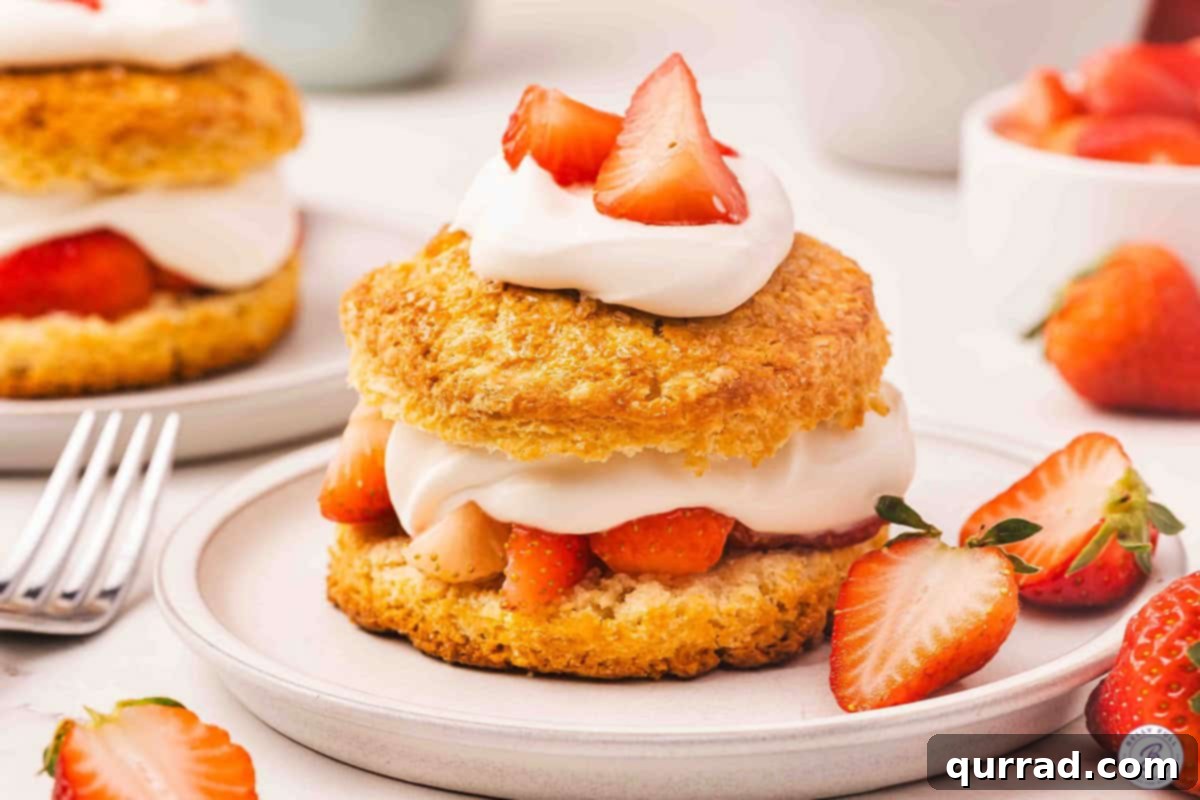 Sweet Berry Delights 13 Side view of a strawberry shortcake on a plate.