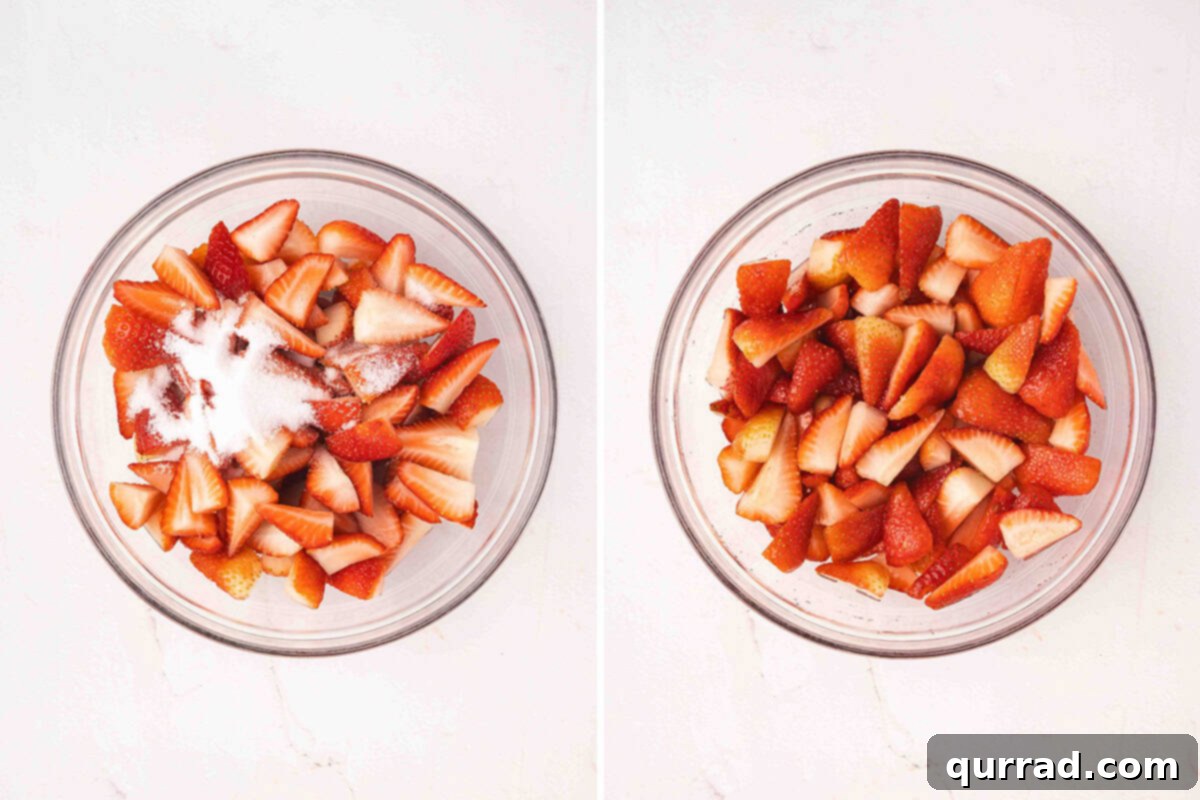 Sweet Berry Delights 4 Sugar and strawberries in a mixing bowl followed by a bowl of macerated strawberries.