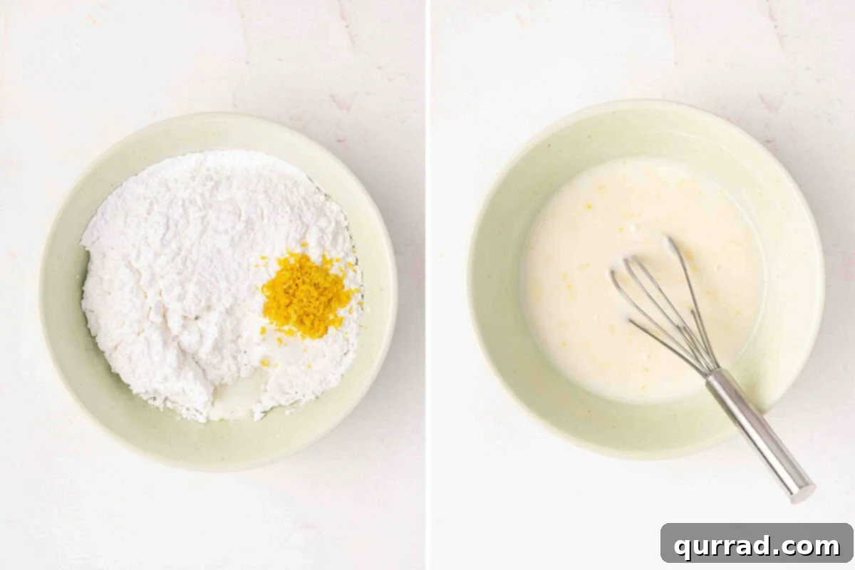 Zesty Lemon Glaze 4 Ingredients for lemon glaze in a bowl, followed by a finished glaze in a bowl with a whisk.