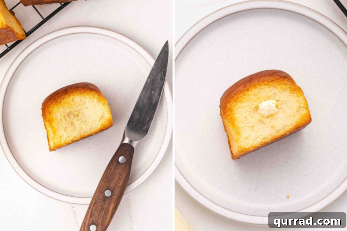 Boston Cream Pie Swirl Donuts 8 Two images: one showing a paring knife making a cut into a Hawaiian roll, and the other showing a Hawaiian roll filled with cream filling.