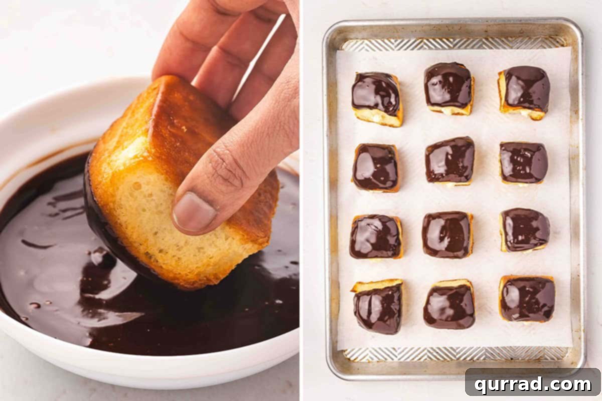 Boston Cream Pie Swirl Donuts 10 Two images: one showing a hand dipping a Hawaiian roll into the melted chocolate glaze, and the other showing finished Boston Cream Pie Roll 'Donuts' cooling on a parchment-lined baking sheet.