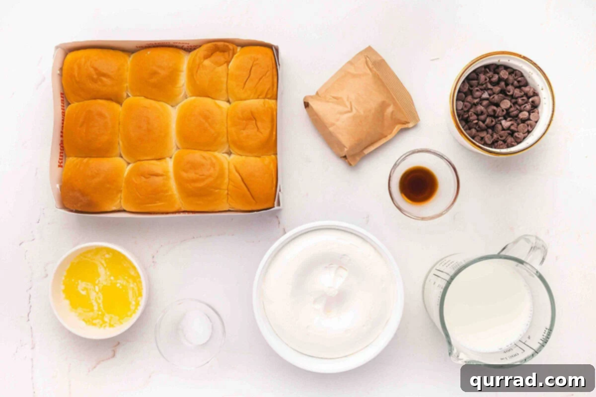 Boston Cream Pie Swirl Donuts 4 A collection of ingredients laid out on a kitchen counter to make Boston Cream pie roll donuts.