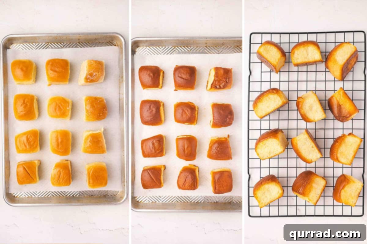Boston Cream Pie Swirl Donuts 6 Hawaiian rolls placed on a baking sheet before baking, and another image showing them lightly golden after baking.