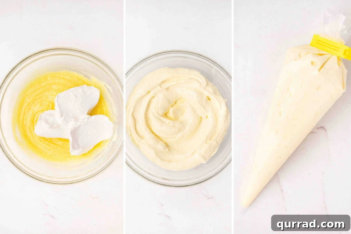 Boston Cream Pie Swirl Donuts 7 Three images showing the process of making the filling: Cool Whip and pudding in a bowl, then mixed together in a bowl, and finally in a piping bag.