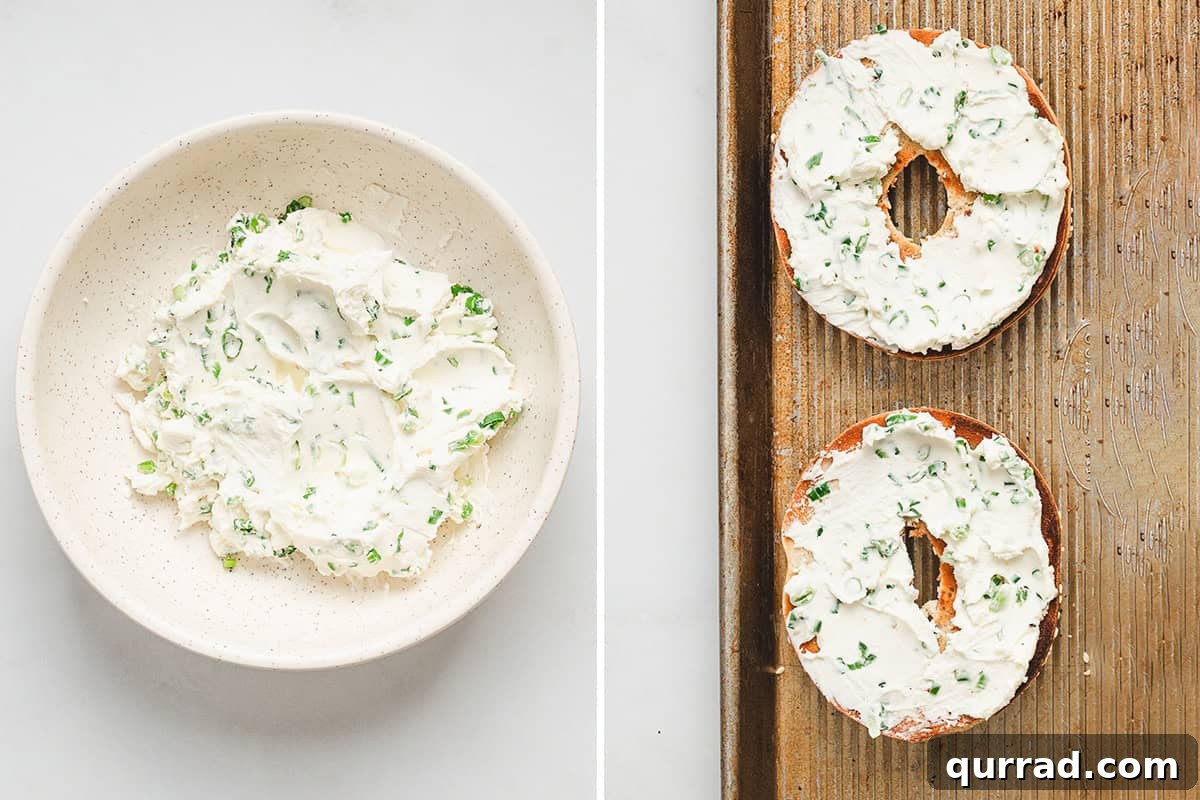 Jalapeño scallion cream cheese mixed in a bowl and spread onto toasted bagel halves