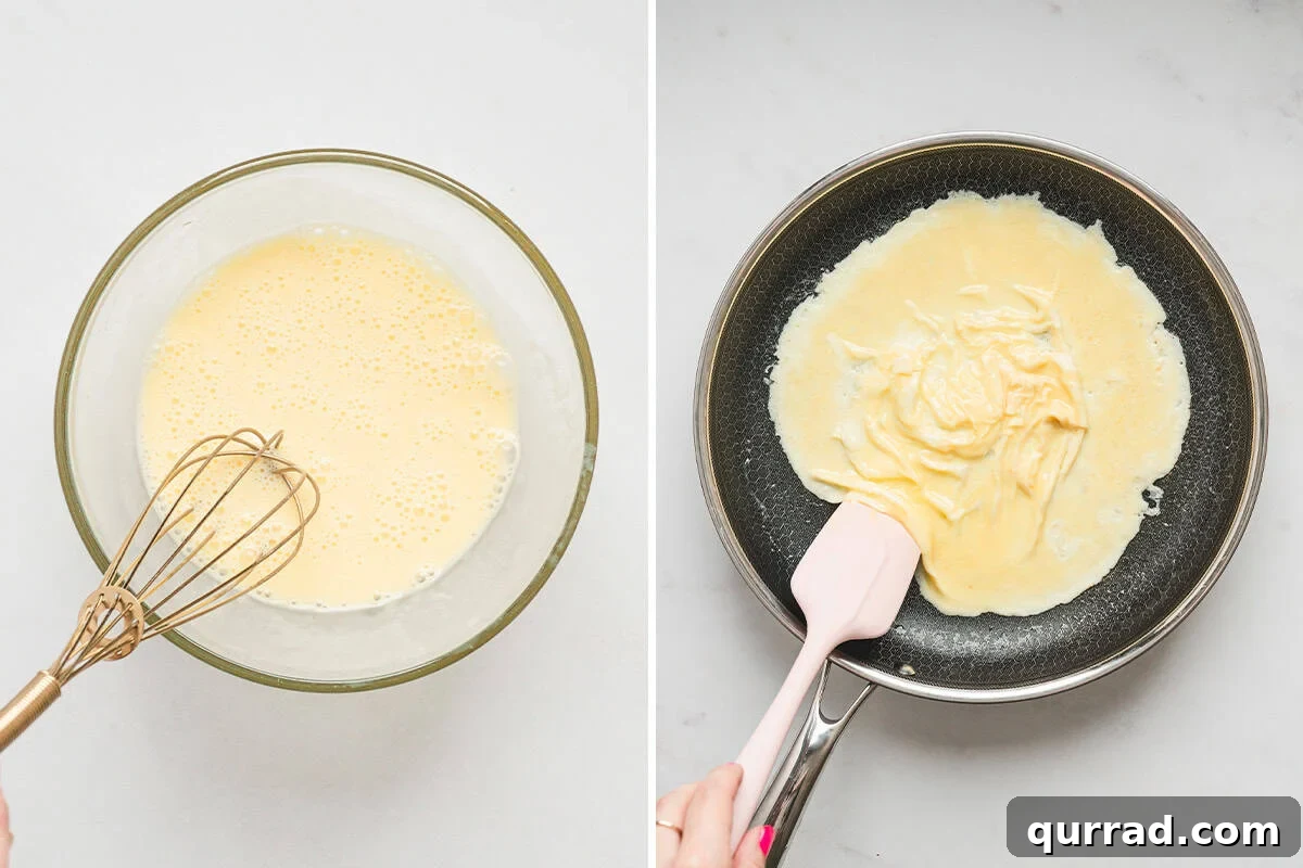 Eggs whisked with heavy cream in a glass bowl until smooth and pale and creamy eggs cooking gently in a nonstick skillet for a soft, crepe-style texture