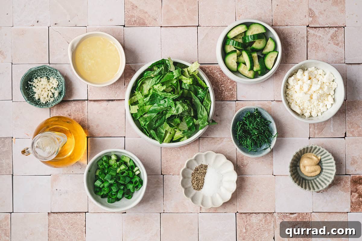 The ingredients to make a Greek lettuce salad (maroulosalata)