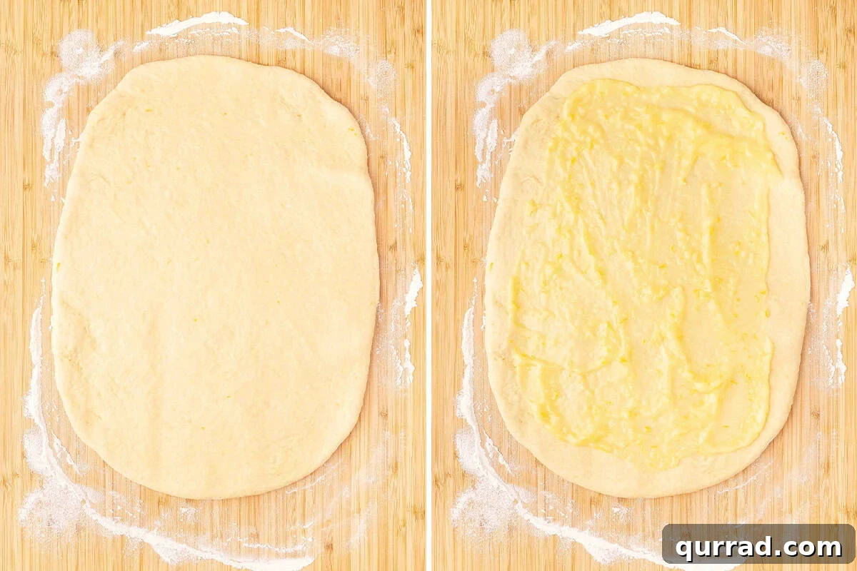 Overhead view of lemon sweet roll dough rolled out, followed by the same dough topped with lemon curd.