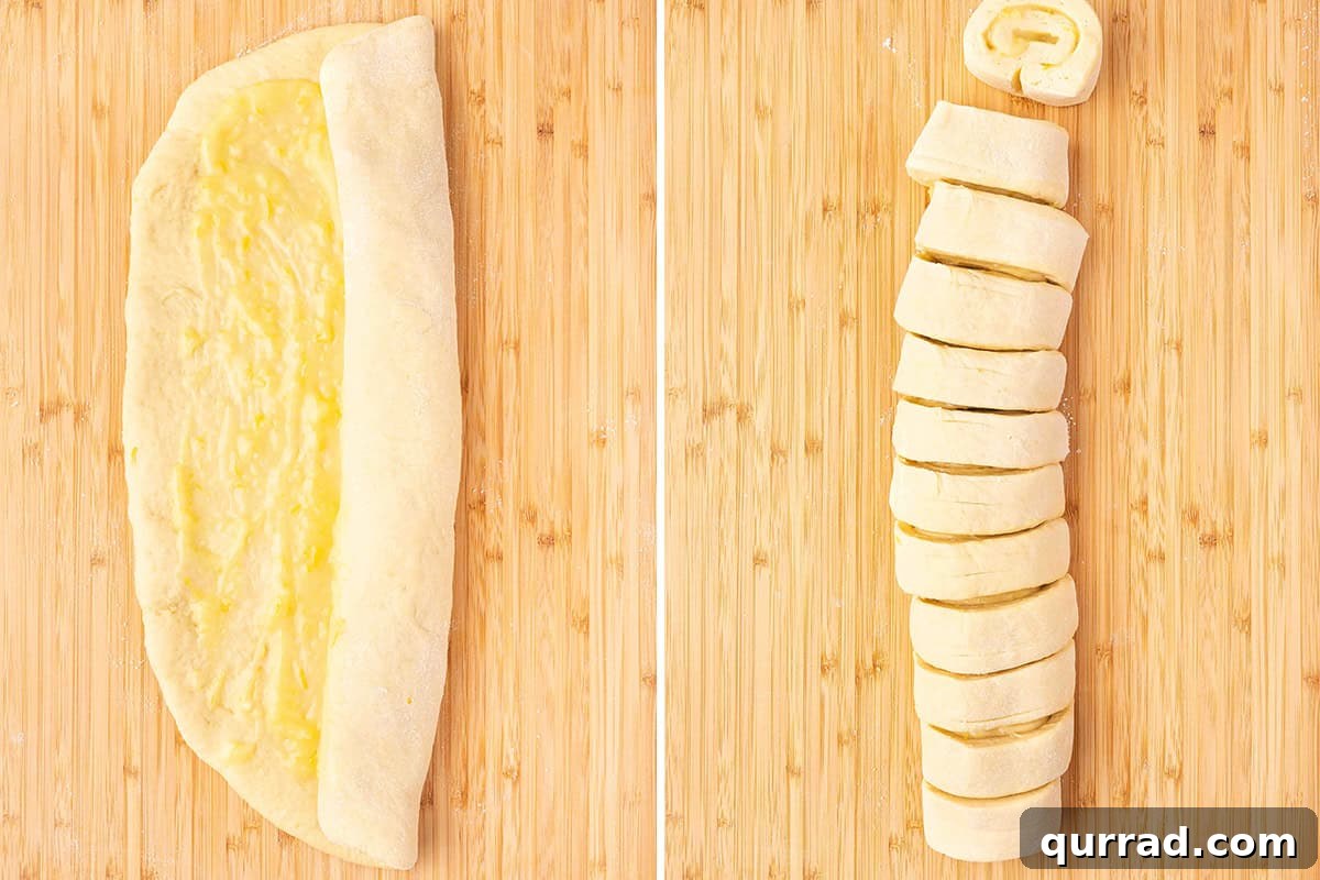 Lemon sweet roll dough halfway rolled up, followed by the dough sliced into rounds.